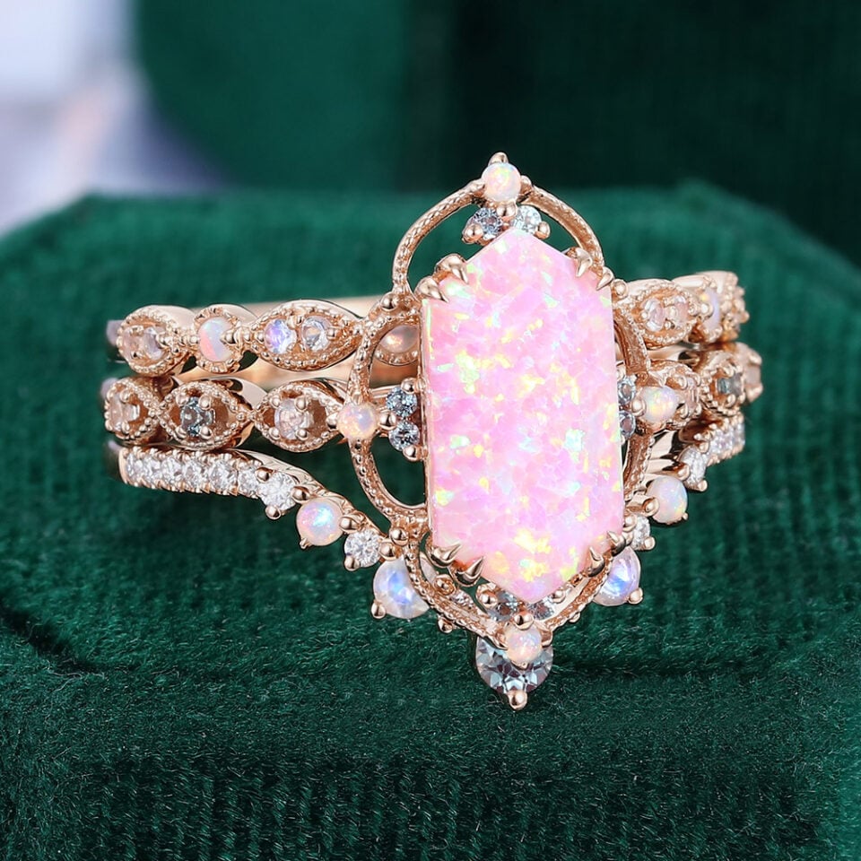 Long Hexagon Cut Pink Opal Engagement Ring Set 3PCS Vintage Inspired Bridal Ring Set (4)
