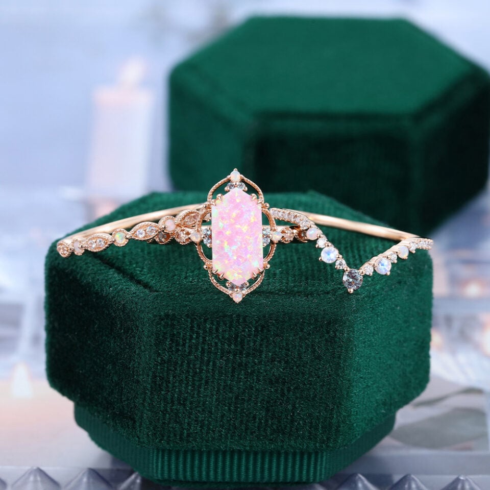 Long Hexagon Cut Pink Opal Engagement Ring Set 3PCS Vintage Inspired Bridal Ring Set (6)