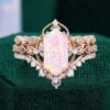 Long Hexagonal Pink Opal Bridal Ring Set 3PCS Engagement Ring Set