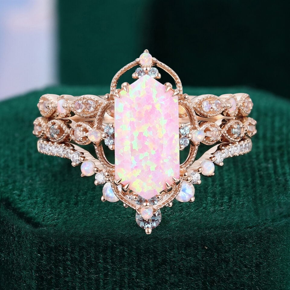 Long Hexagonal Pink Opal Bridal Ring Set 3PCS Engagement Ring Set