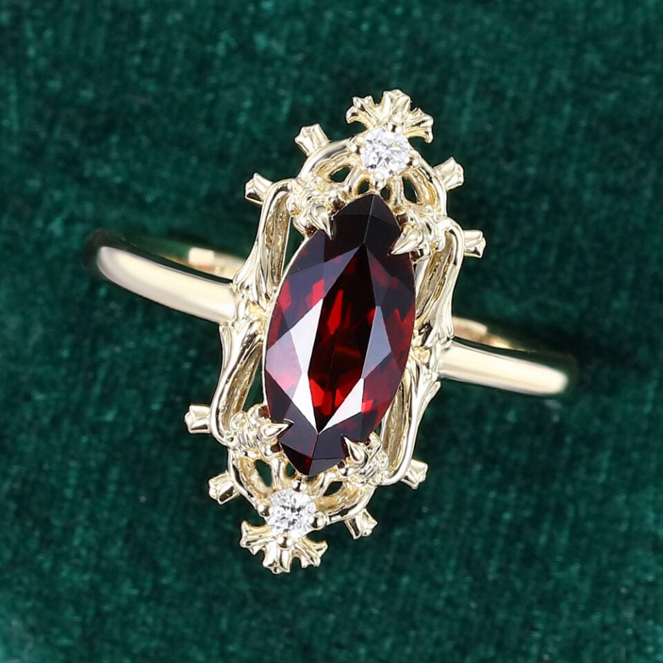 Marquise Cut Garnet Engagement Ring Lily Filigree Halo Promise Ring (6)