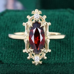 Marquise Cut Garnet Engagement Ring Lily Filigree Halo Promise Ring