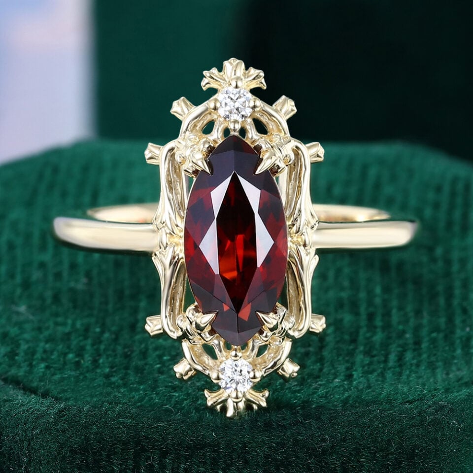 Marquise Cut Garnet Engagement Ring Lily Filigree Halo Ring