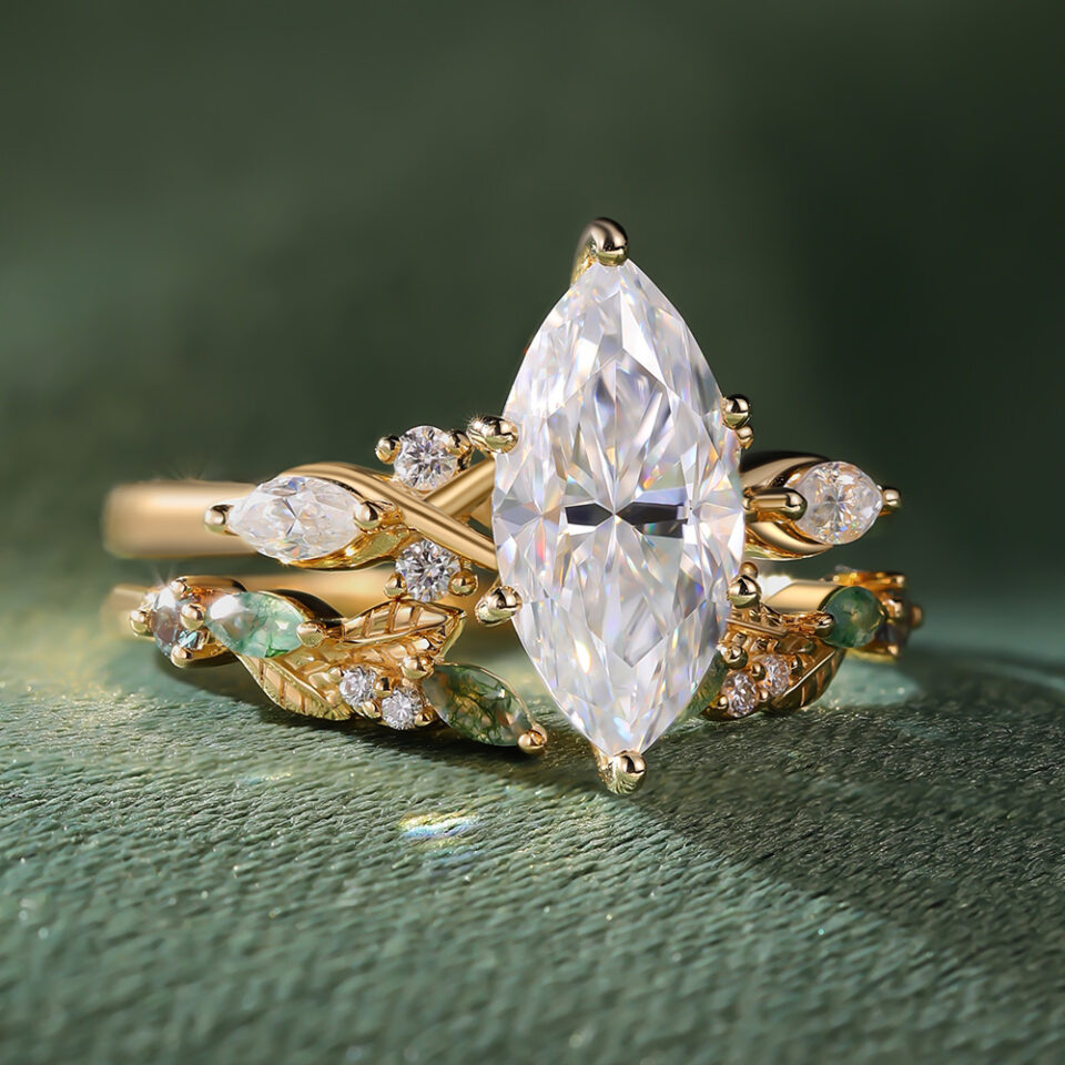 Marquise Cut Moissanite Bridal Ring Set Nature Themed Leaf Wedding Ring Set