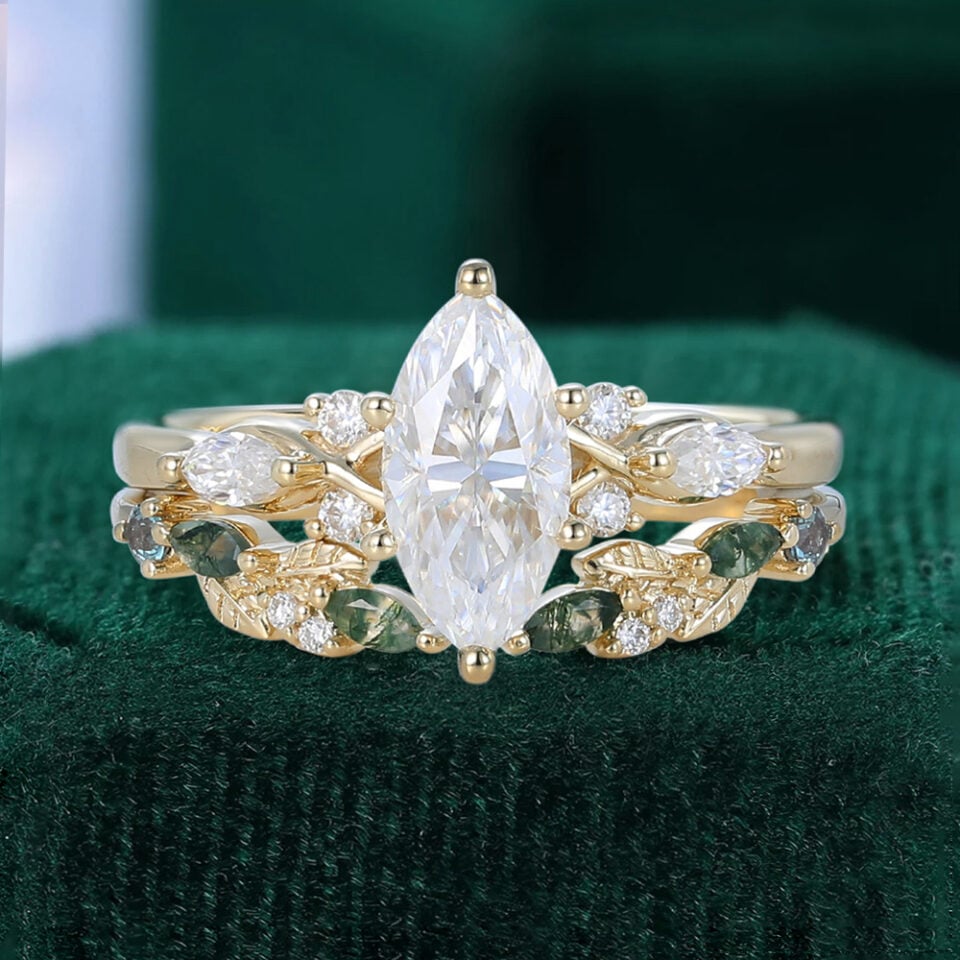 Marquise Cut Moissanite Bridal Ring Set Nature Themed Leaf Wedding Ring Set