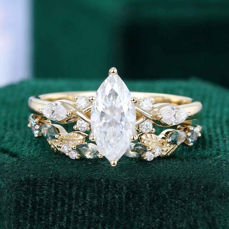 Marquise Cut Moissanite Bridal Ring Set Nature Themed Leaf Ring Set