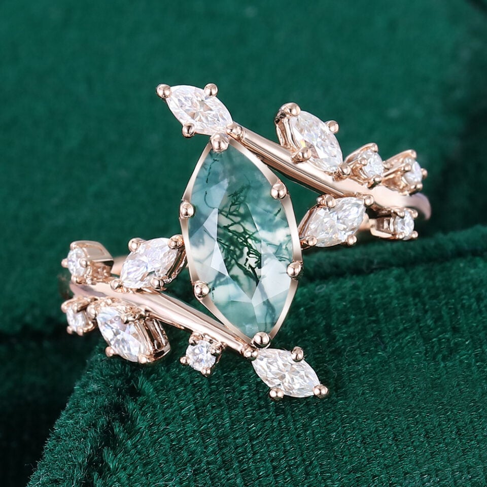 Marquise Cut Moss Agate Engagement Ring With Unique Bypass Shank (1)
