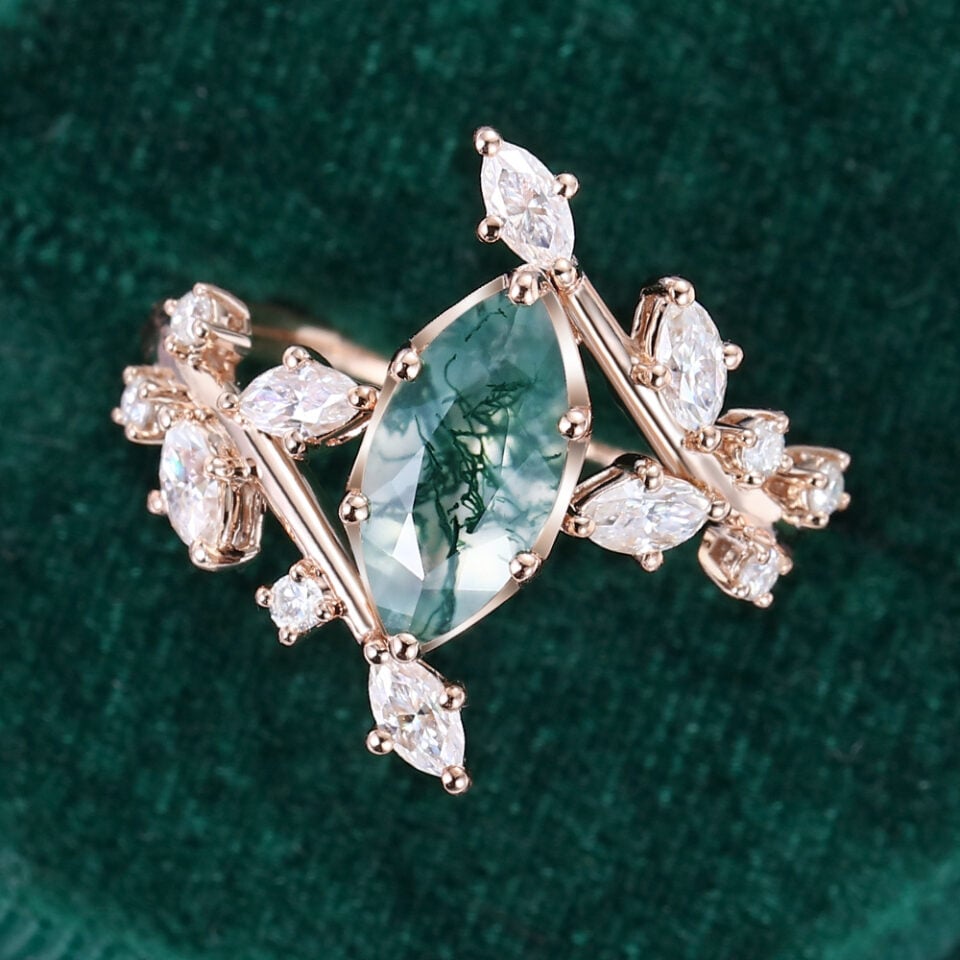 Marquise Cut Moss Agate Engagement Ring With Unique Bypass Shank (4)