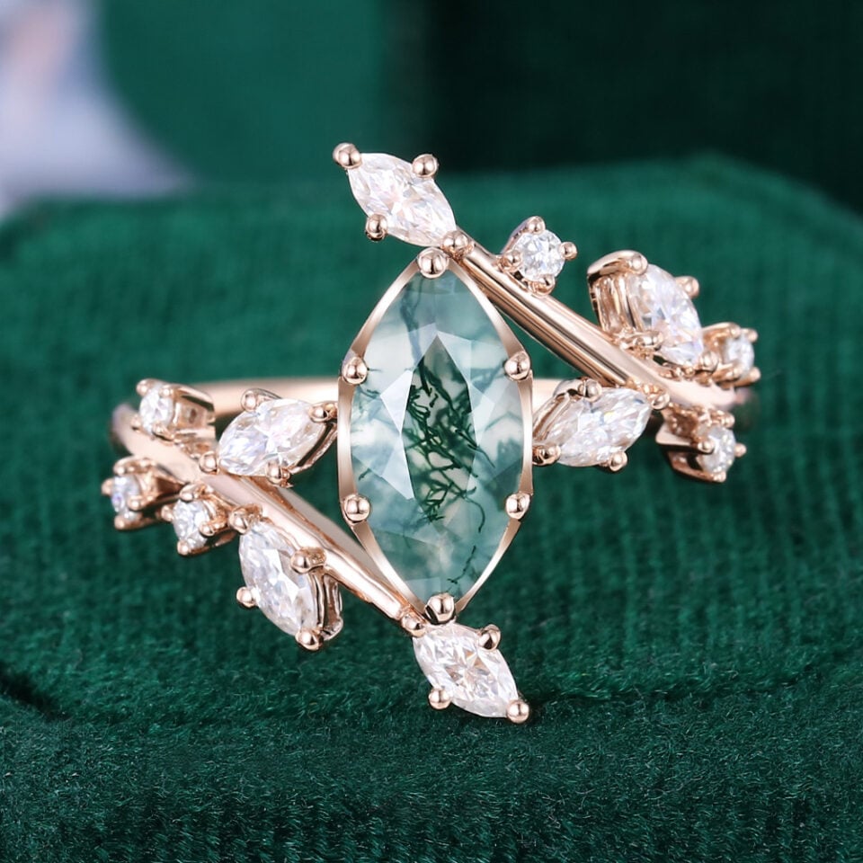 TwigLine | Marquise Cut Moss Agate Engagement Ring With Unique Bypass Shank