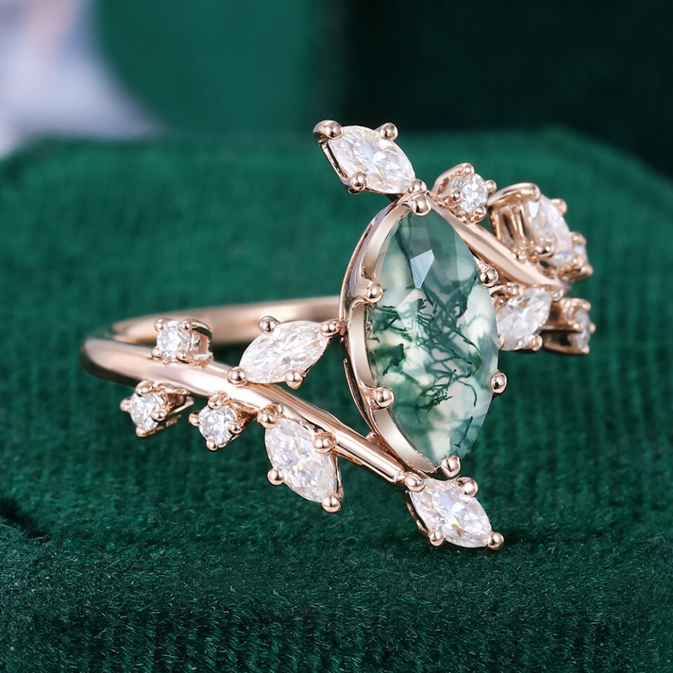 Marquise Cut Moss Agate Engagement Ring With Unique Bypass Shank (6)