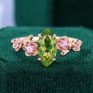 Marquise Cut Peridot Cherry Blossom Engagement Ring Floral Inspired Promise Ring