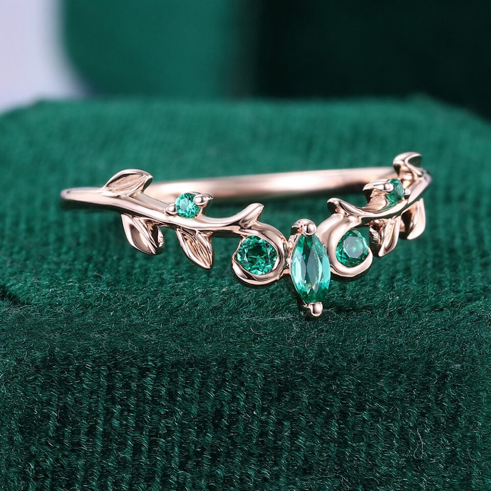 Marquise & Round Cut Emerald Curved Wedding Band Nature Inspired Stacking Ring (2)