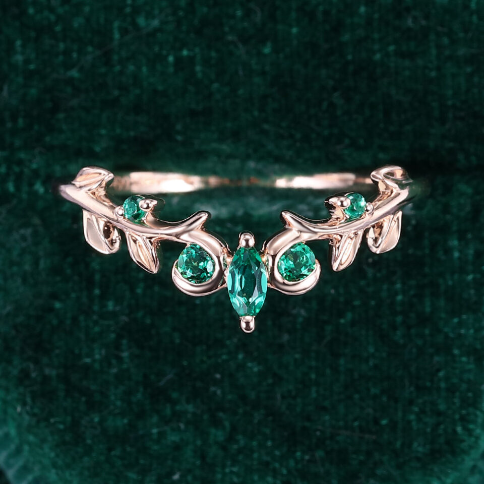 Marquise & Round Cut Emerald Curved Wedding Band Nature Inspired Stacking Ring (3)