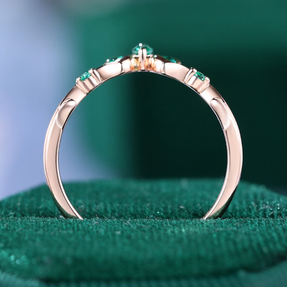 Marquise & Round Cut Emerald Curved Wedding Band Nature Inspired Stacking Ring (5)