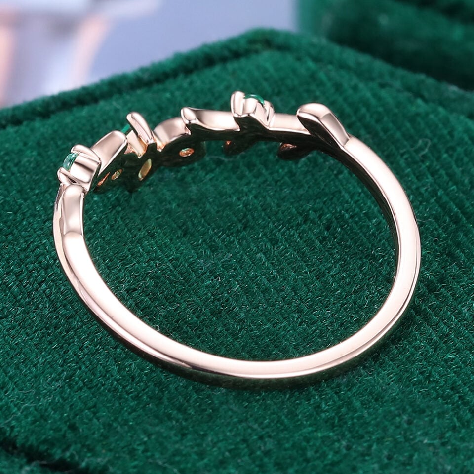 Marquise & Round Cut Emerald Curved Wedding Band Nature Inspired Stacking Ring (7)