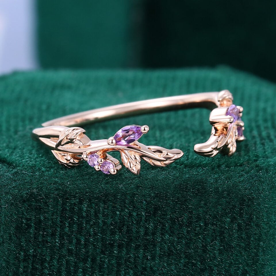 Nature Inspired Amethyst Open Curved Wedding Band Stacking Ring (1)