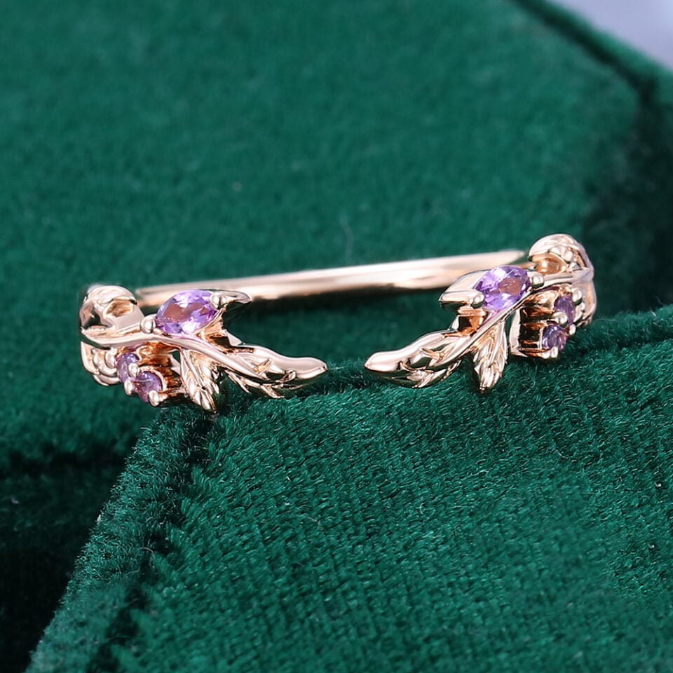 Nature Inspired Amethyst Open Curved Wedding Band Stacking Ring (4)