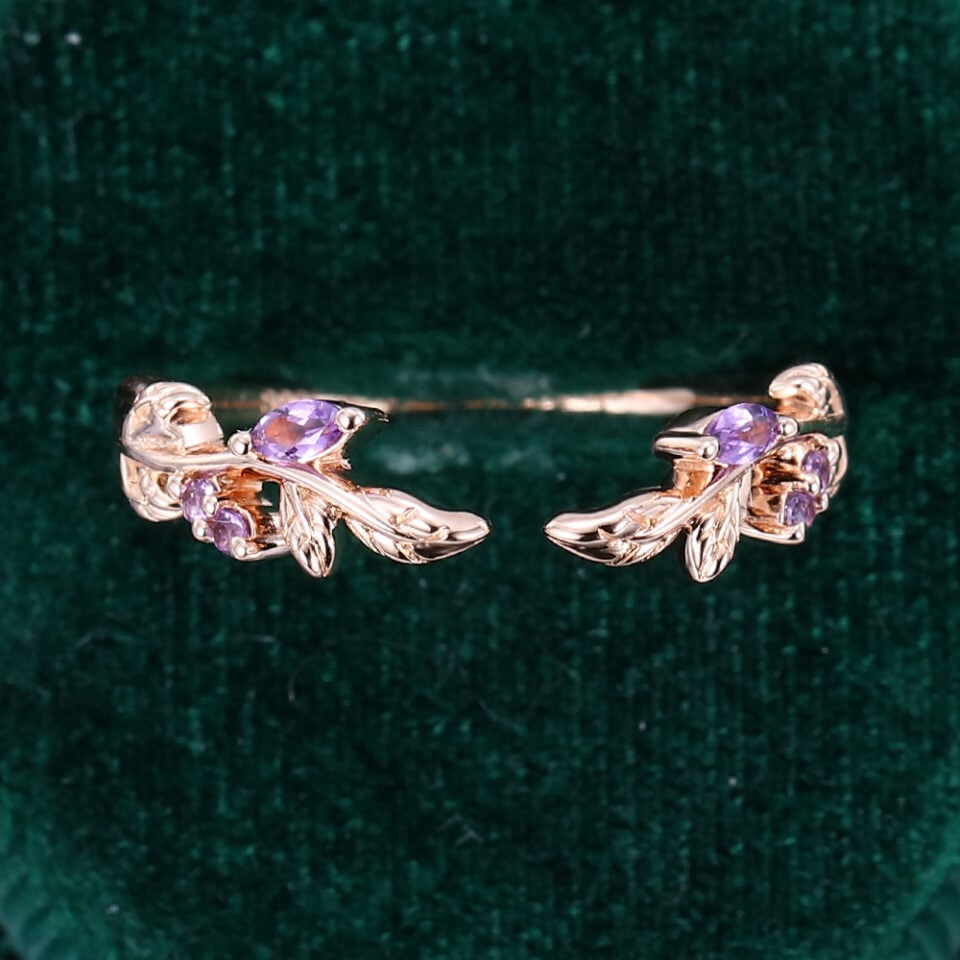 Nature Inspired Amethyst Open Curved Wedding Band Stacking Ring (5)