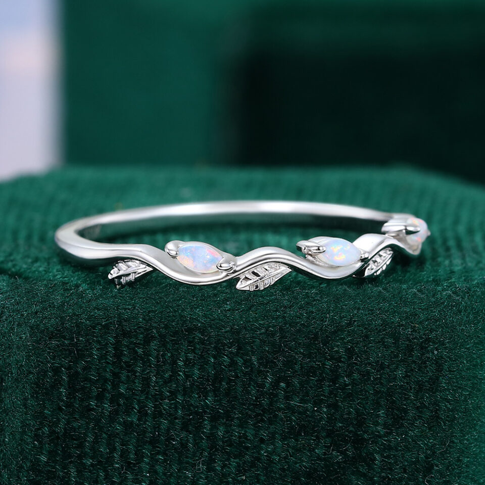 Nature Inspired Wavy Marquise Natural Opal Wedding Band Half Eternity Leaf Ring (1)