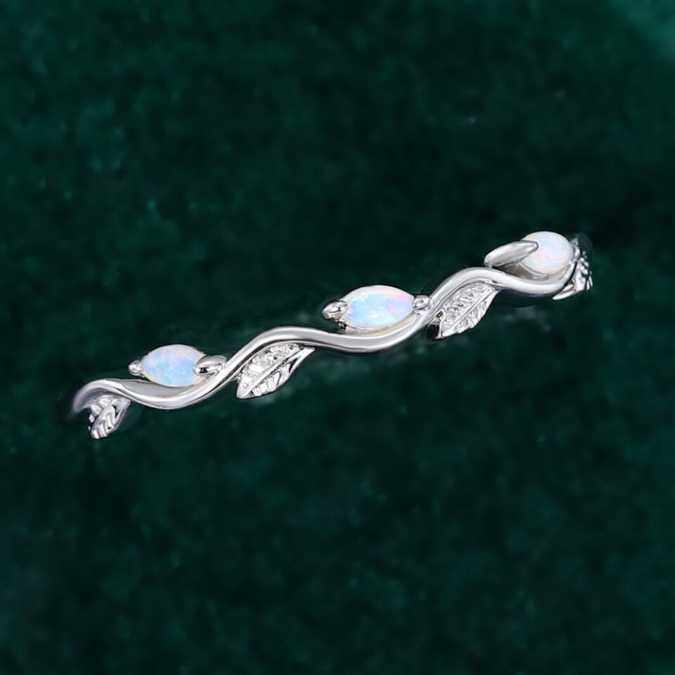 Nature Inspired Wavy Marquise Natural Opal Wedding Band Half Eternity Leaf Ring (2)