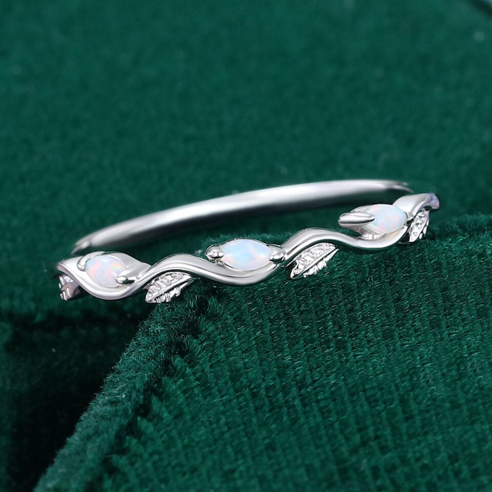 Nature Inspired Wavy Marquise Natural Opal Wedding Band Half Eternity Leaf Ring (5)