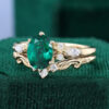 Oval Cut Emerald Bridal Ring Set With Leaf Wedding Band Accented (3)
