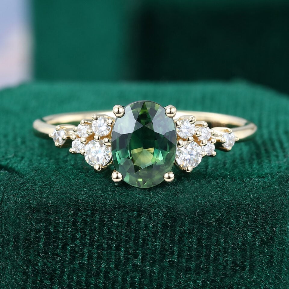 Snowdrift | Oval Cut Green Blue Sapphire Engagement Ring - Symmetrical & Bold Accents