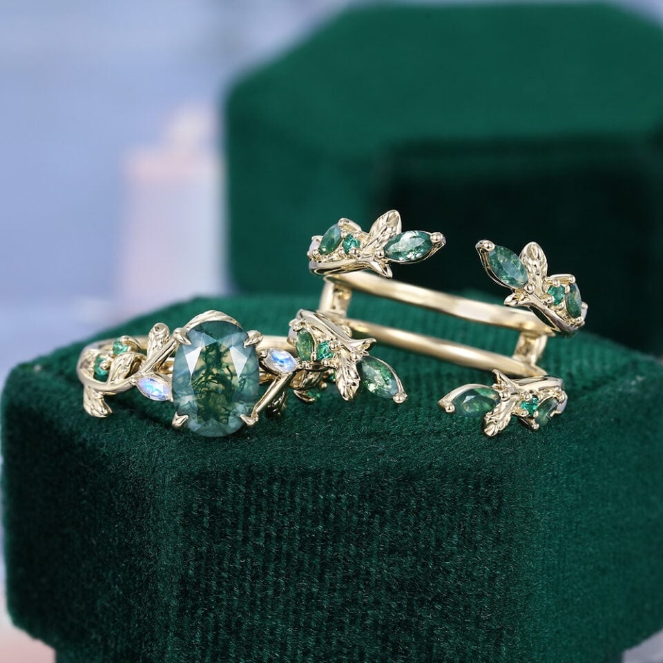 Oval Cut Moss Agate Bridal Ring Set Nature Inspired Leaf Ring Set (4)