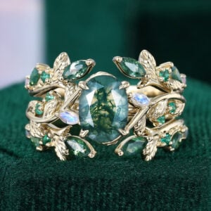 Oval Cut Moss Agate Bridal Ring Set Nature Inspired Leaf Ring Set (5)