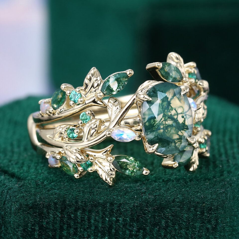 Oval Cut Moss Agate Bridal Ring Set Nature Inspired Leaf Ring Set (6)