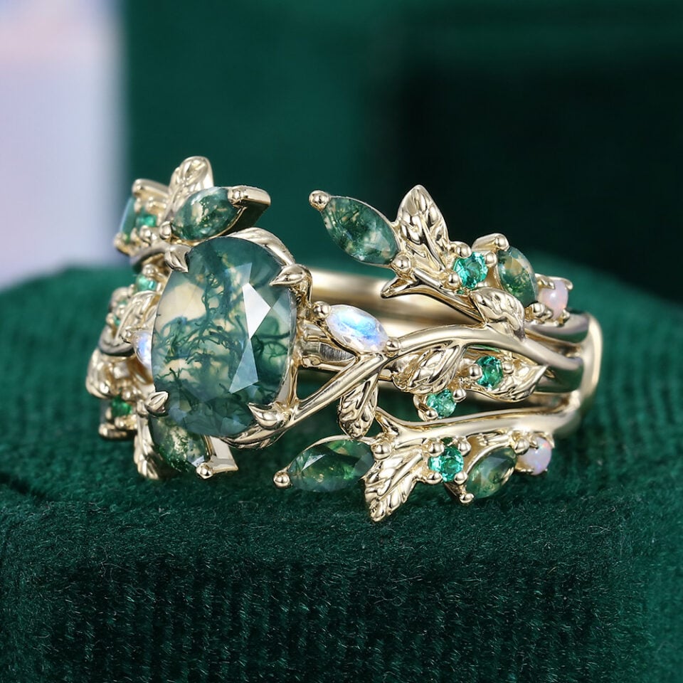 Oval Cut Moss Agate Bridal Ring Set Nature Inspired Leaf Ring Set (7)