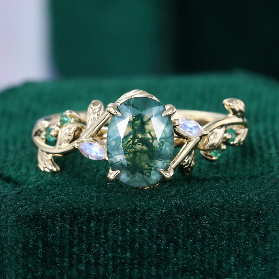 LeafLace | Oval Cut Moss Agate Engagement Ring With Moonstone & Emerald Accents