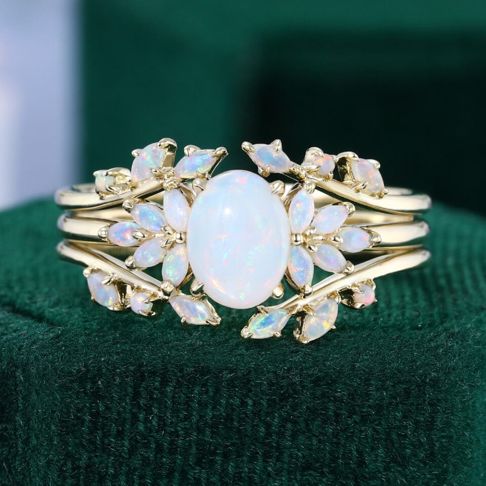 Oval Cut Natural Opal Petal Bridal Ring Set 2PCS Cluster Engagement Ring Set