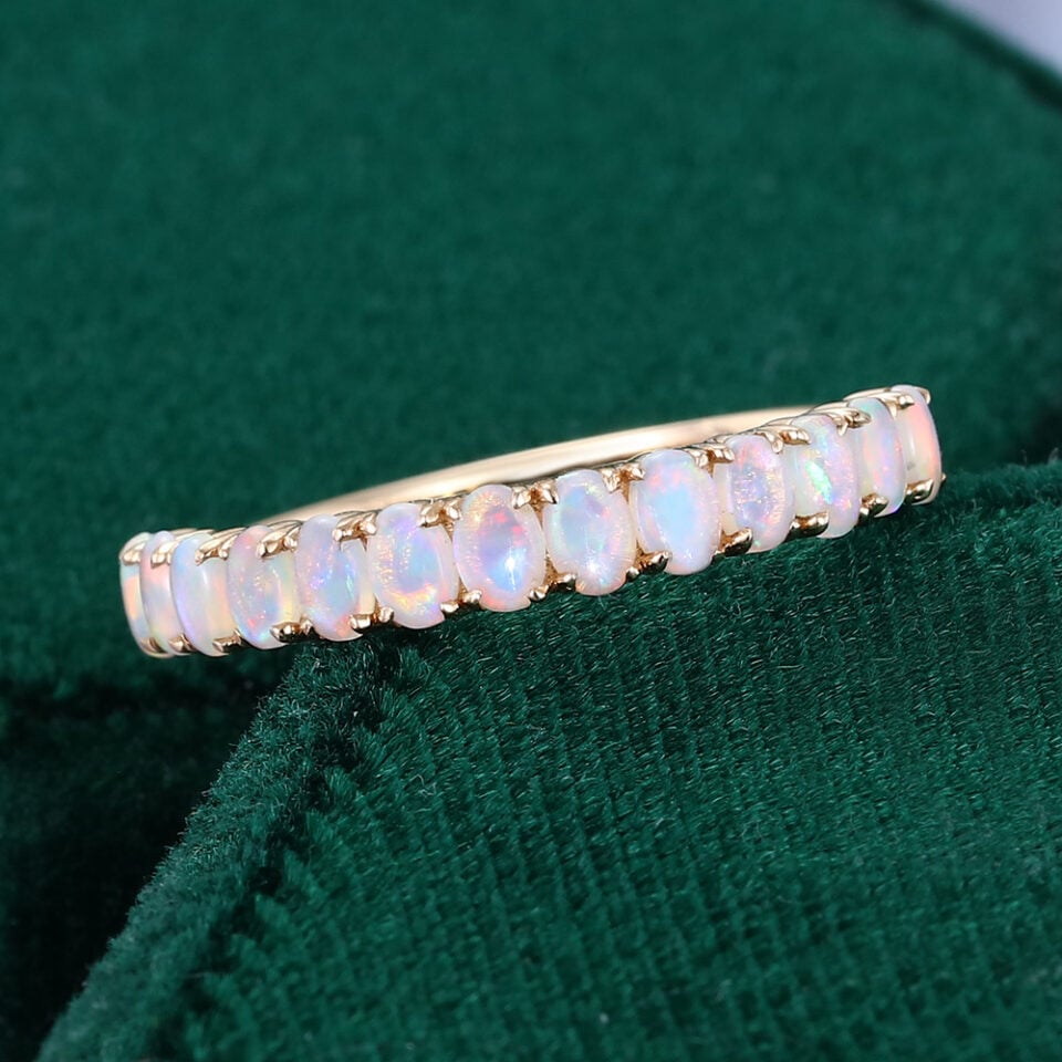 Oval Cut Natural Opal Wedding Band Half Eternity Stacking Ring (4)