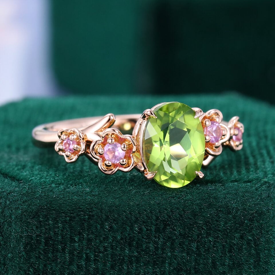 Oval Cut Peridot Engagement Ring With Cherry Blossom Accents (1)