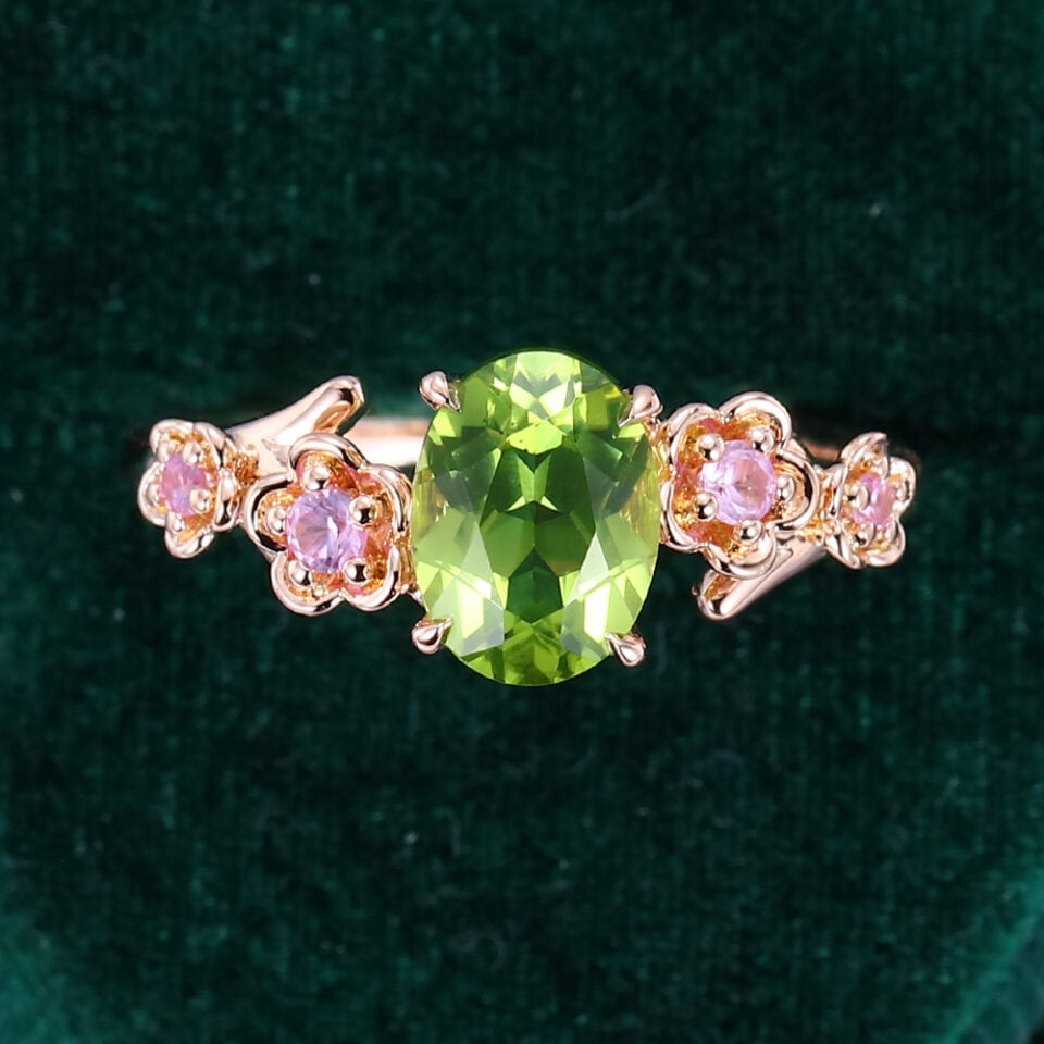 Oval Cut Peridot Engagement Ring With Cherry Blossom Accents (2)