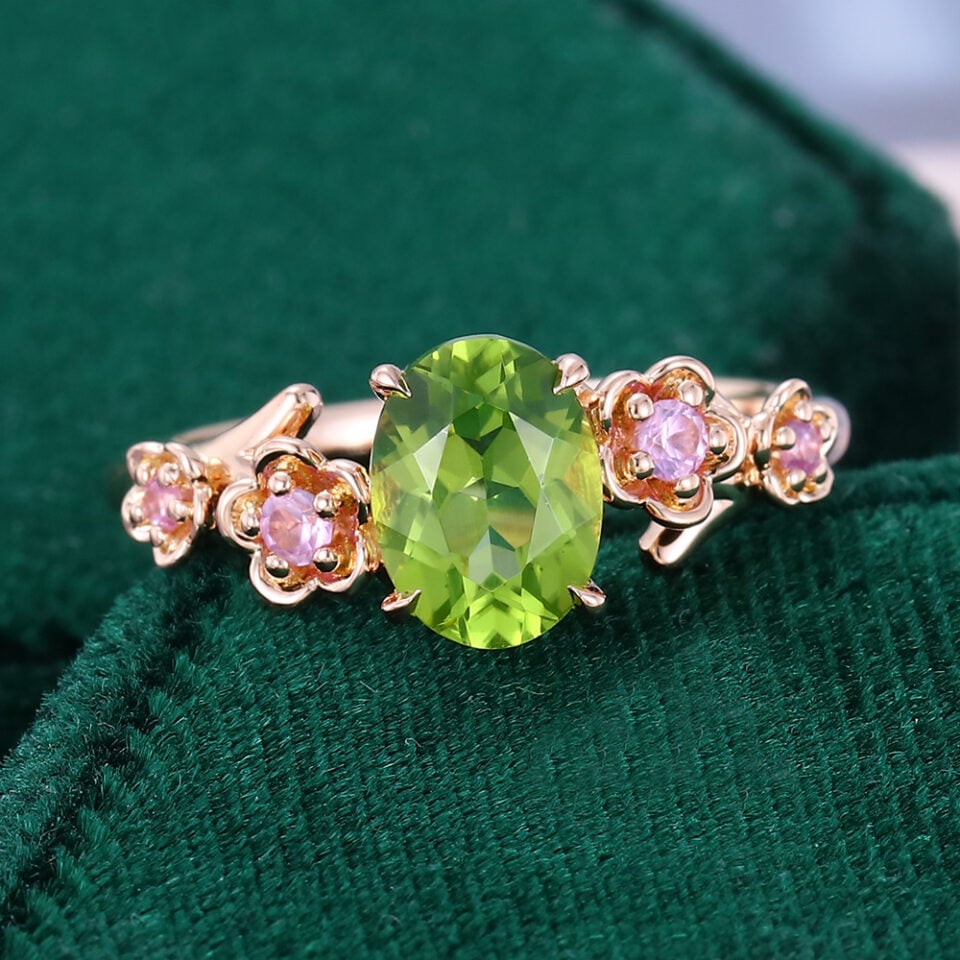Oval Cut Peridot Engagement Ring With Cherry Blossom Accents (3)