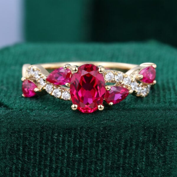 1CT Oval Cut Ruby Engagement Ring With Unique Alternating Crossover Shank