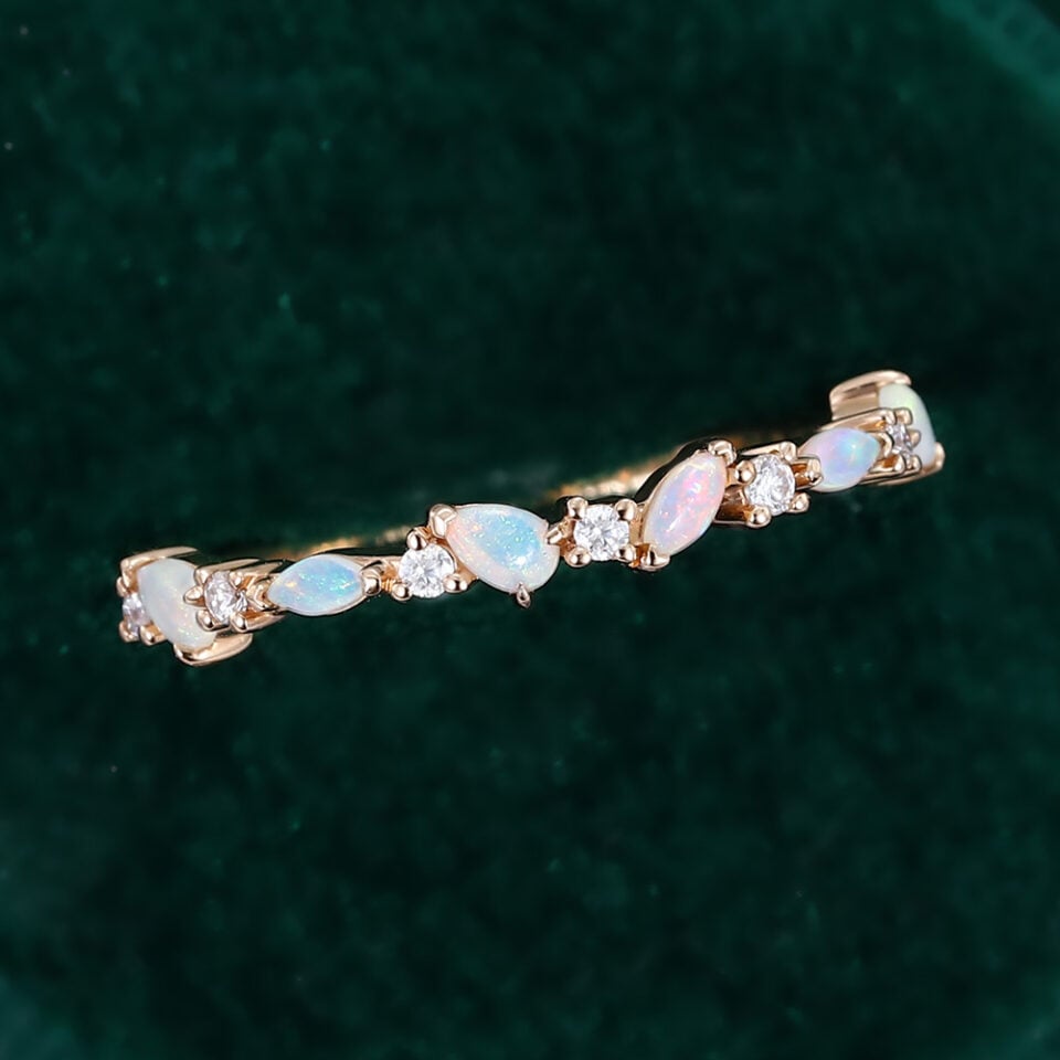 Patchwork Natural Opal And Diamond Wedding Band Half Eternity Stacking Ring (6)
