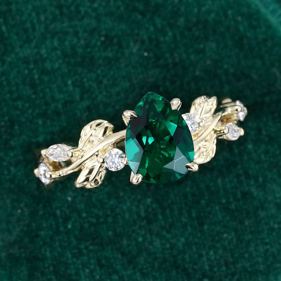 Pear Cut Emerald Vine Engagement Ring With Moissanite Accents (1)