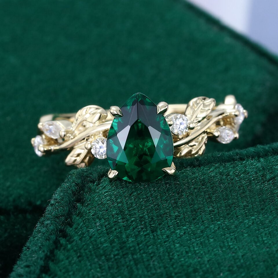 Pear Cut Emerald Vine Engagement Ring With Moissanite Accents (6)