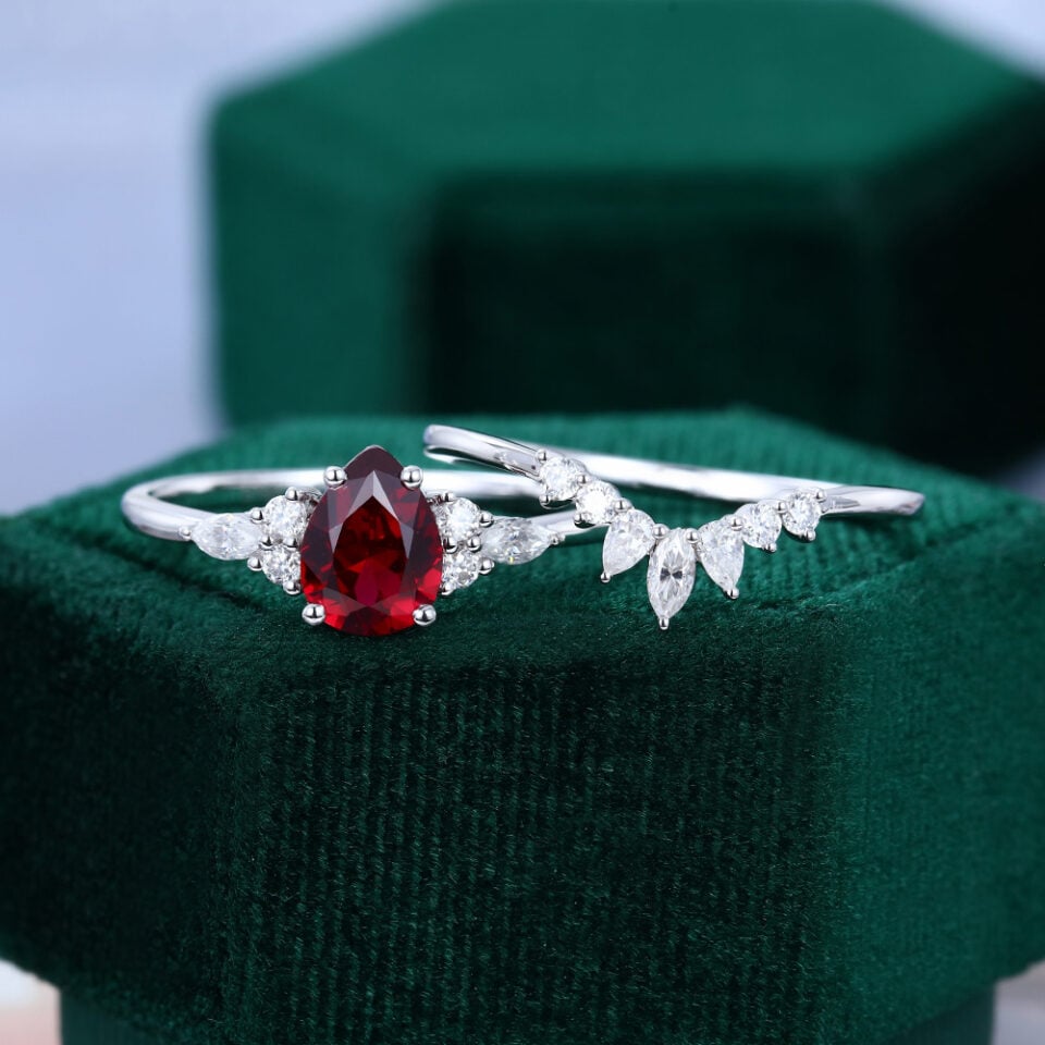 Pear Cut Garnet Bridal Ring Set Classic Cluster Engagement Ring Set (5)