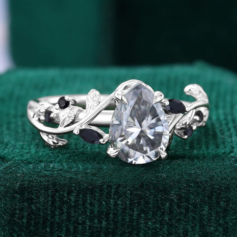 Pear Cut Gray Moissanite Engagement Ring Nature Inspired Promise Ring (1)