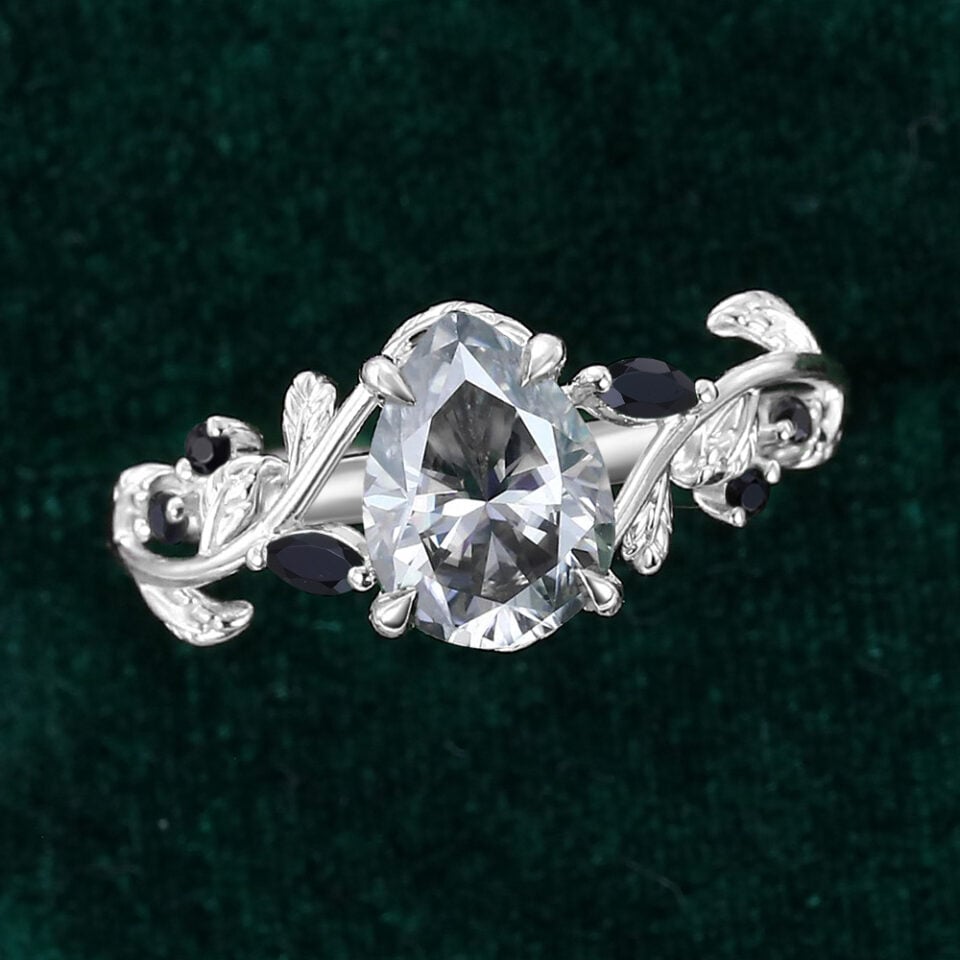 Pear Cut Gray Moissanite Engagement Ring Nature Inspired Promise Ring (4)