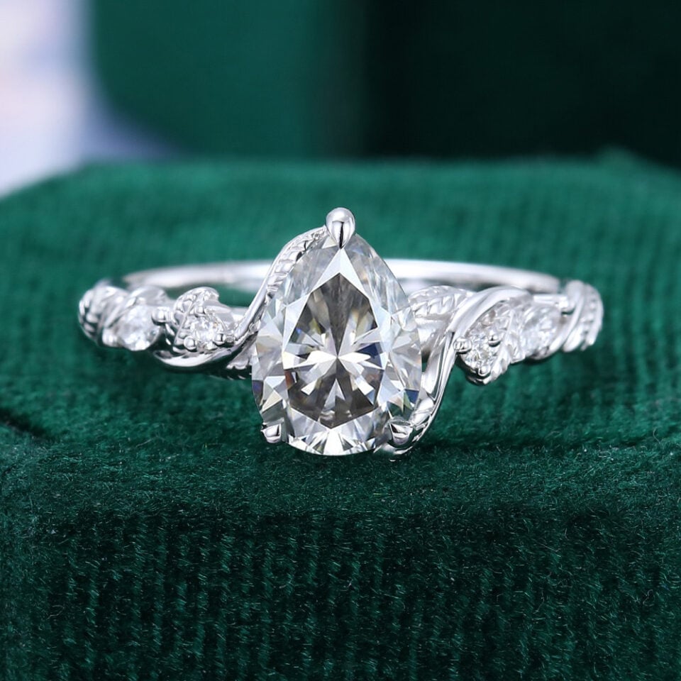 Leaf Signature | Pear Cut Gray Moissanite Engagement Ring With Unique Bypass Shank