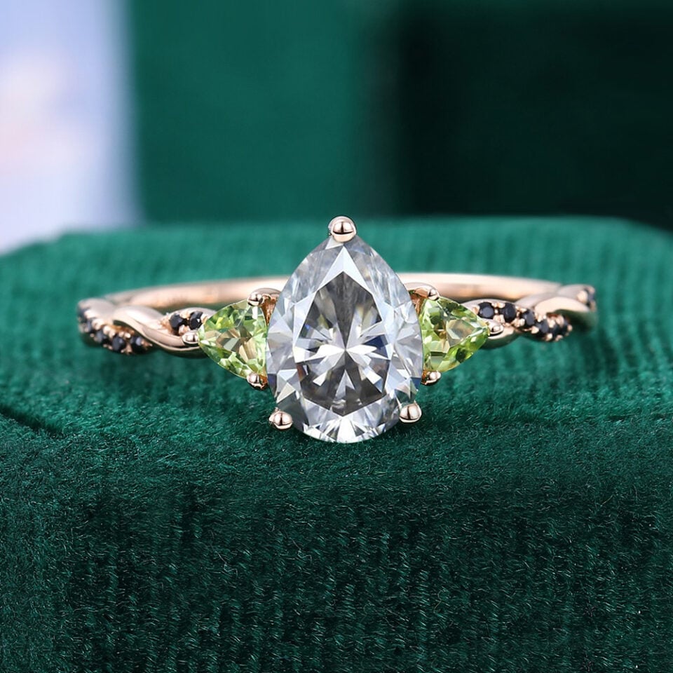 Pear Cut Gray Moissanite Three Stone Engagement Ring With Unique Twisted Band