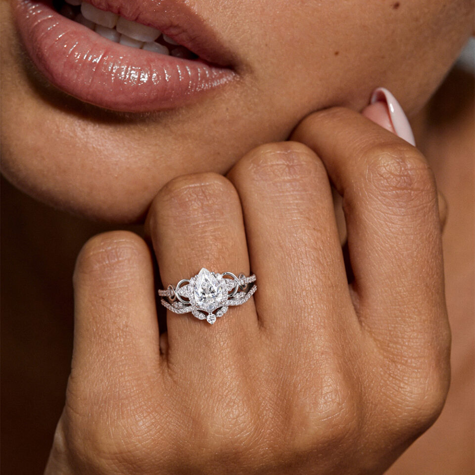 Pear Cut Lab Diamond Infinity Pavé Engagement Ring Set 2PCS Unique Bridal Ring Set (2)