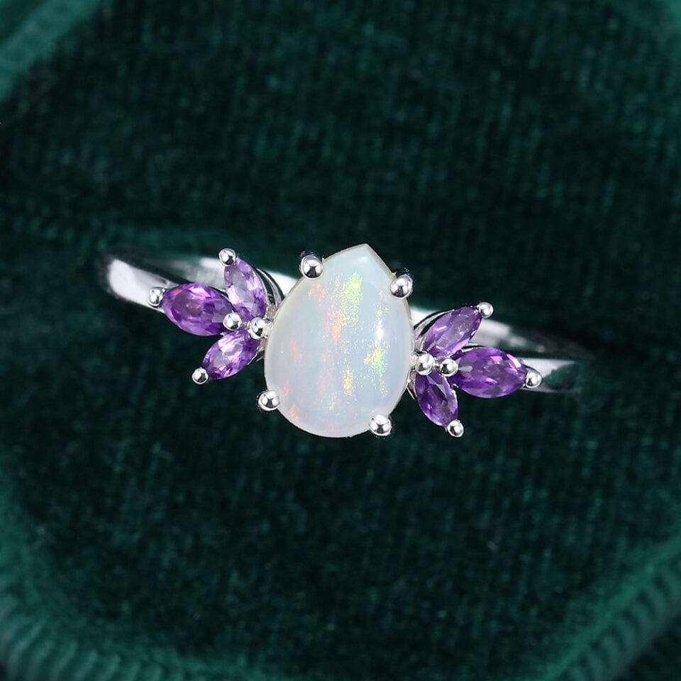 Pear Cut Natural Opal Engagement Ring With Marquise Amethyst Accents (1)