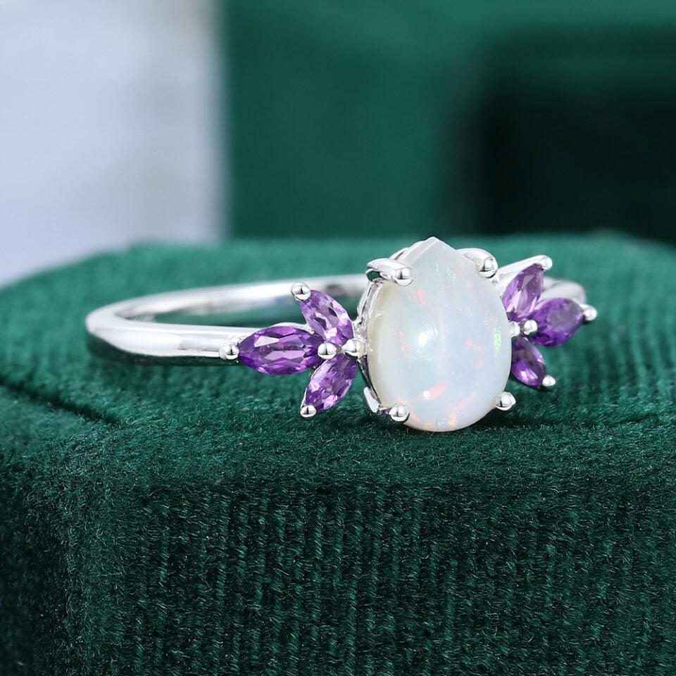 Pear Cut Natural Opal Engagement Ring With Marquise Amethyst Accents (3)