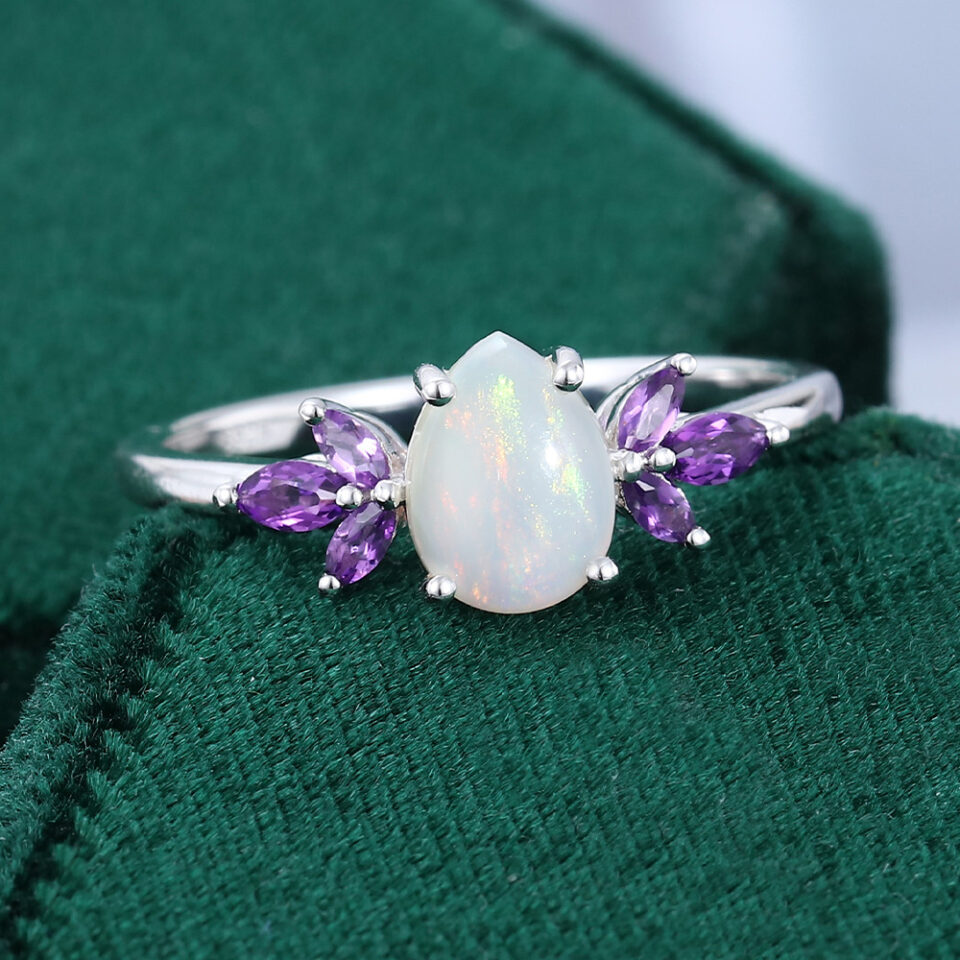Pear Cut Natural Opal Engagement Ring With Marquise Amethyst Accents (4)